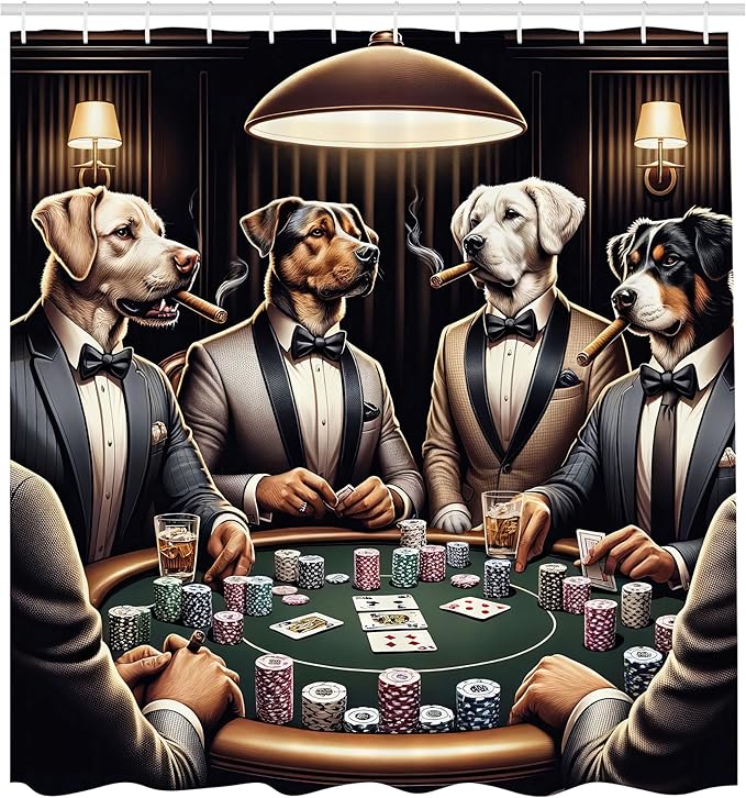 Ambesonne Dog Shower Curtain, Funny Gentleman Animals in Sharp Suits Around The Poker Table Humorous Scene, Cloth Fabric Bathroom Decor Set with Hooks, 69" W x 70" L, Brown Dark Green Grey