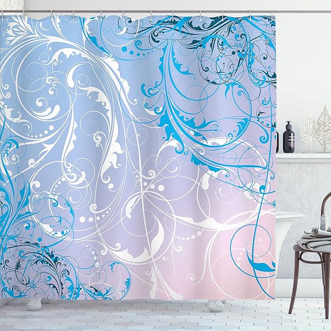 Ambesonne Floral Shower Curtain, Baroque Swirl Branches Curved Flower Leaves Shabby Form Nature Pattern, Cloth Fabric Bathroom Decor Set with Hooks, 69" W x 84" L, Dark Sky
