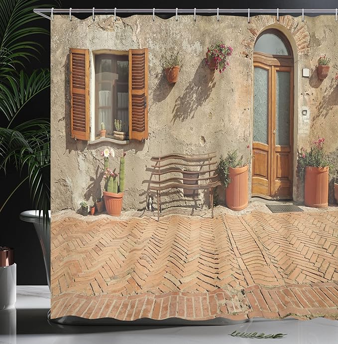 Ambesonne Tuscan Shower Curtain, Medieval Facade Rustic Wooden Door Brick Wall in Small Village, Cloth Fabric Bathroom Decor Set with Hooks, 69" W x 75" L, Cinnamon Tan