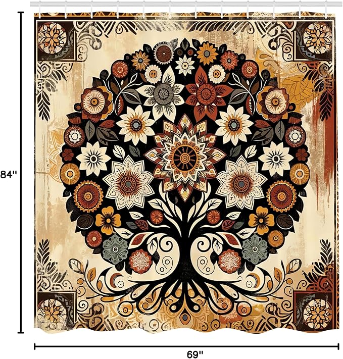 Ambesonne Boho Floral Shower Curtain, Vintage Exotic Tree of Life Inspired Paint on Rusty Weathered Print, Cloth Fabric Bathroom Decor Set with Hooks, 69" W x 84" L, Mustard Beige Cinnamon