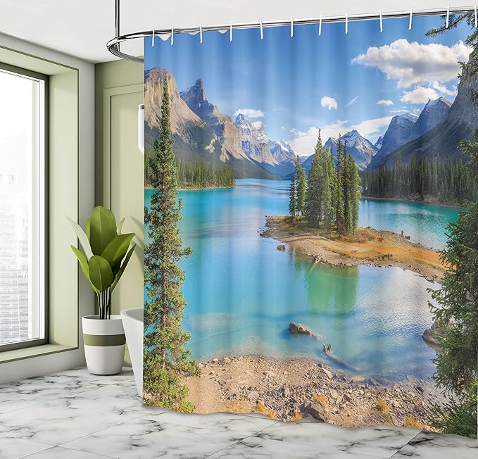 Ambesonne Landscape Shower Curtain, Maligne Lake in Jasper Natioanal Park Alberta Canada Summer Day Outdoor Picture, Cloth Fabric Bathroom Decor Set with Hooks, 69" W x 70" L, Green Azure