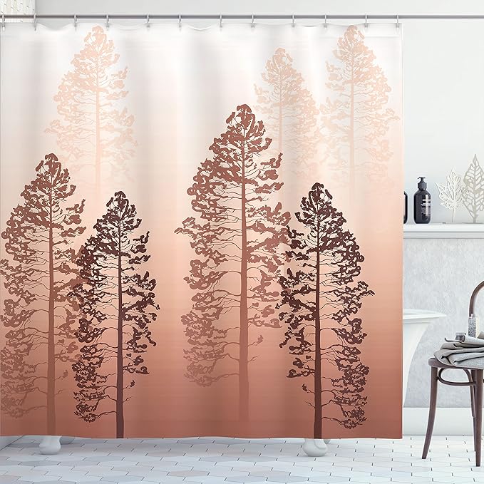 Ambesonne Country Shower Curtain, Pine Trees in The Forest on Foggy Seem Ombre Backdrop Wildlife Adventure Artwork, Cloth Fabric Bathroom Decor Set with Hooks, 69" W x 70" L, Dark Salmon