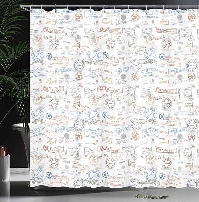 Ambesonne Travel Shower Curtain, Vintage Old Rubber Stamps Tourist Passport Visa Certificate Vacation Holiday Theme, Cloth Fabric Bathroom Decor Set with Hooks, 69" W x 84" L, Warm Taupe Blue