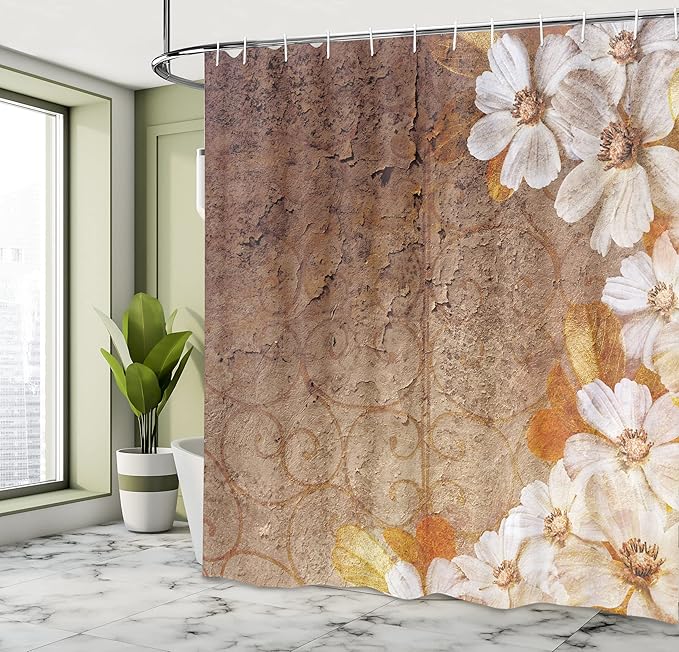 Ambesonne Grunge Shower Curtain, Flowers and Leaves Pattern on Cracked Wall with Floral Lines Classic Design, Cloth Fabric Bathroom Decor Set with Hooks, 69" W x 70" L, White Brown