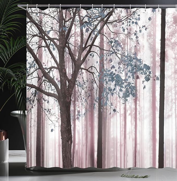 Ambesonne Autumn Shower Curtain, Picture of a Lonely Tree Leaves on an Abstract Woodland Background Print, Cloth Fabric Bathroom Decor Set with Hooks, 69" W x 75" L, Grey Pink