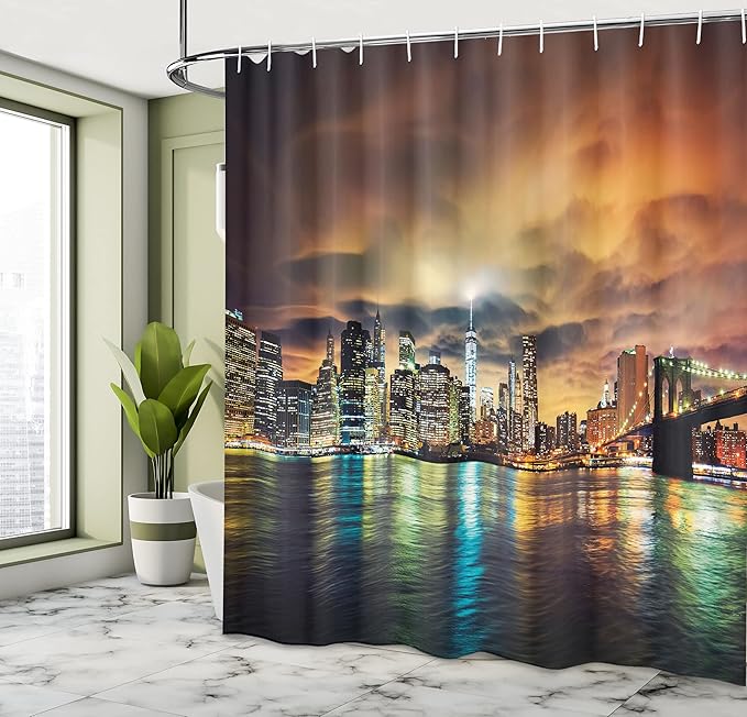 Ambesonne NYC Shower Curtain, View of Manhattan at Sunset with Dramatic Sky Clouds Dark Architecture Evening Picture, Cloth Fabric Bathroom Decor Set with Hooks, 69" W x 75" L, Brown Yellow