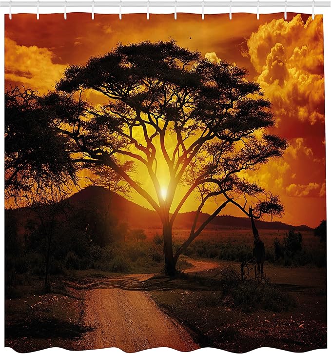 Ambesonne Sunset Shower Curtain, Majestic Tree with Horizon Background Mystic Nature Dramatic Landscape, Cloth Fabric Bathroom Decor Set with Hooks, 69" W x 75" L, Orange Black