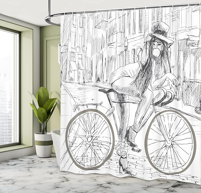 Ambesonne Bicycle Shower Curtain, Outrageous Young Lady Chewing Gum on Her Bike on Street Sketchy Illustration, Cloth Fabric Bathroom Decor Set with Hooks, 69" W x 70" L, White Grey