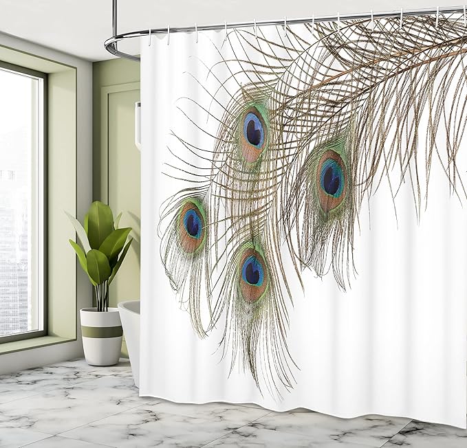 Ambesonne Peacock Shower Curtain, Feather of Peacock Power Rising Out of Theshes Creature, Cloth Fabric Bathroom Decor Set with Hooks, 69" W x 70" L, Green Ivory