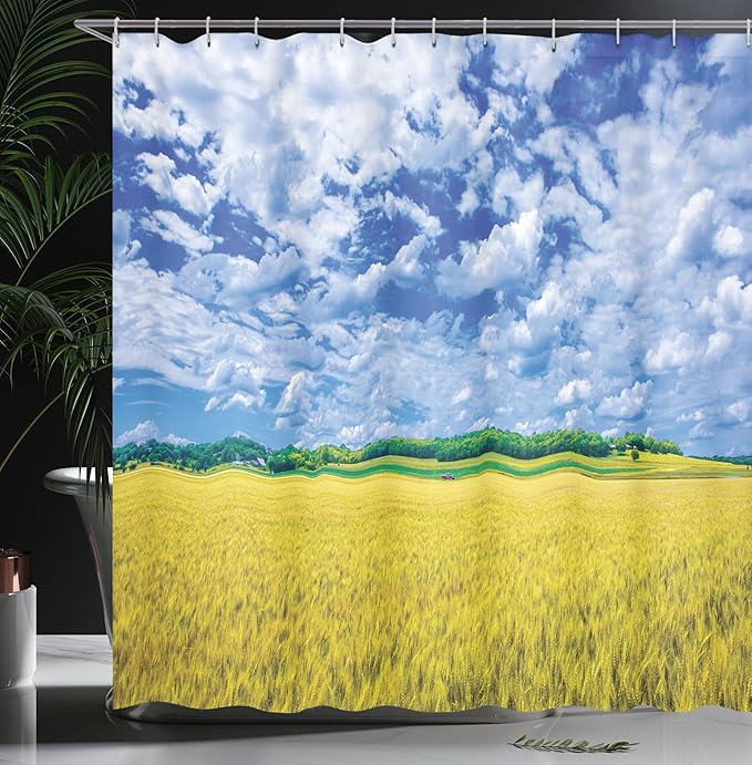 Ambesonne United States Shower Curtain, Wheat Farm in Sunny Day Kansas USA Countryside Summer Getaway, Cloth Fabric Bathroom Decor Set with Hooks, 69" W x 84" L, Apple Green Blue White