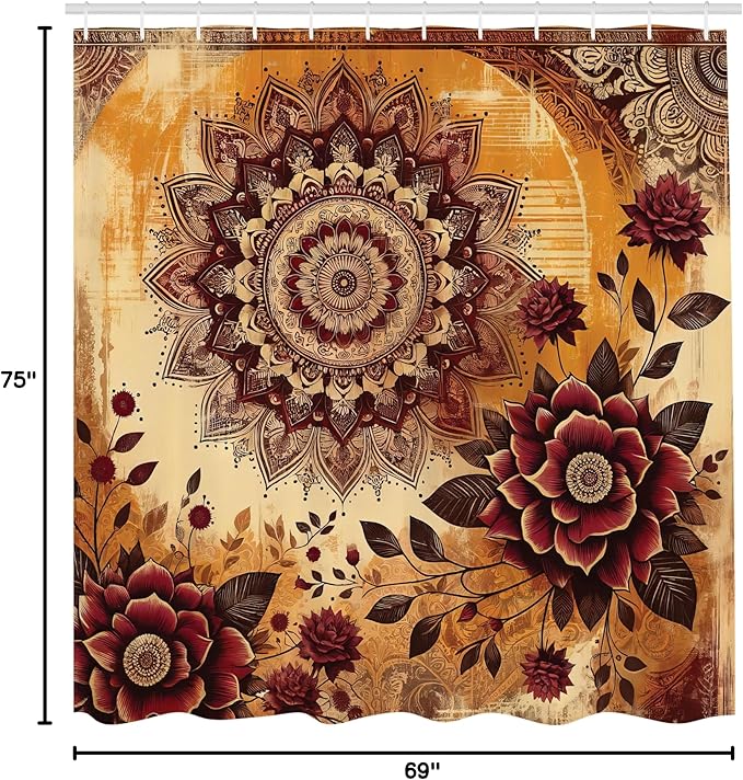 Ambesonne Boho Floral Shower Curtain, Vintage Exotic Bohemian Vibe Monochrome Mandala and Flowers Print, Cloth Fabric Bathroom Decor Set with Hooks, 69" W x 75" L, Pale Cinnamon Mustard