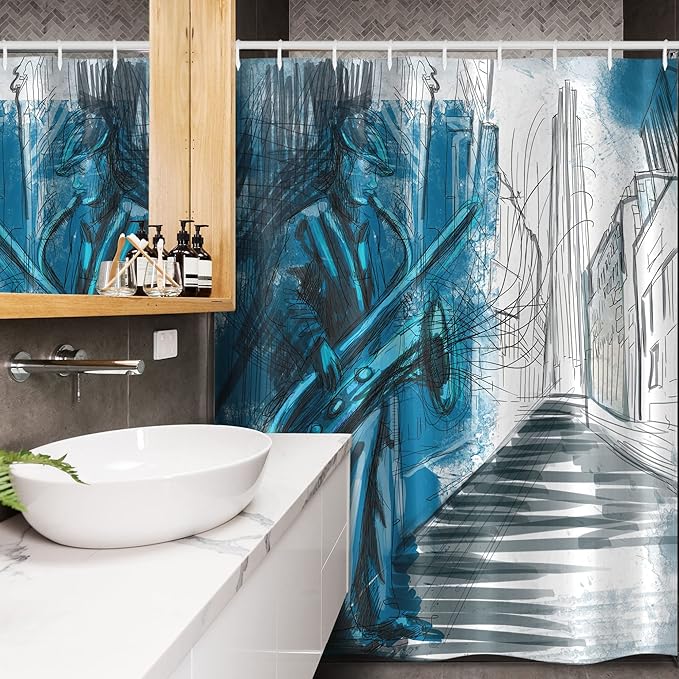 Ambesonne Music Stall Shower Curtain, Saxophone Man Playing Solo in The Street at Night Vibes Contemporary Graphic Design of Artwork, Fabric Bathroom Decor Set with Hooks, 54" W x 78" L, Blue White