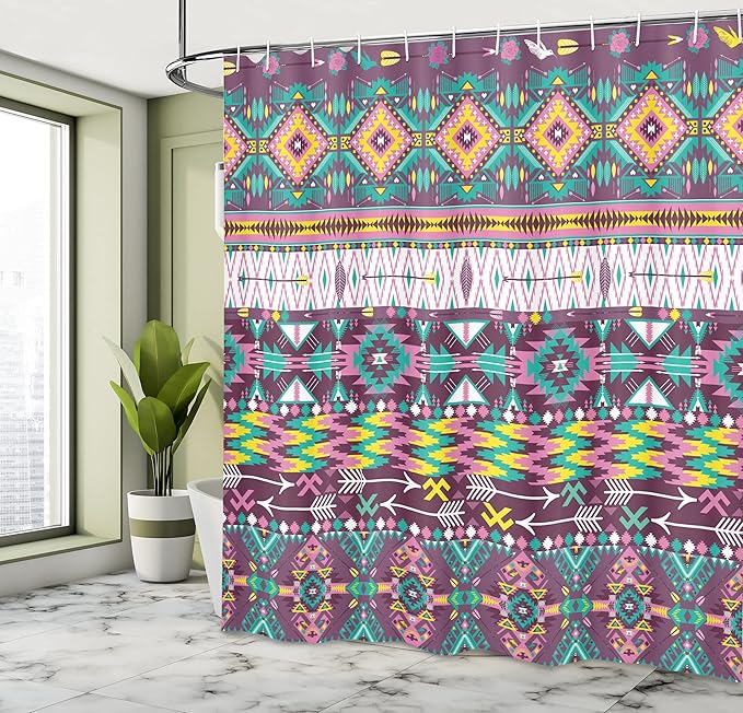 Ambesonne Tribal Shower Curtain, Traditional Pattern Geometrics and Arrows Art, Cloth Fabric Bathroom Decor Set with Hooks, 69" W x 84" L, Teal Purple Yellow