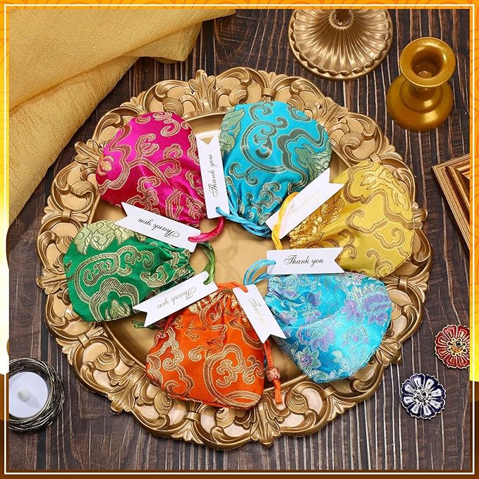 24 Sets Indian Return Gifts for Pooja Bulk Colorful Lotus Incense Holder Metal Incense Sticks Holder with Brocade Bags and Thanks Tags for Pooja Wedding Housewarming Spa Decor