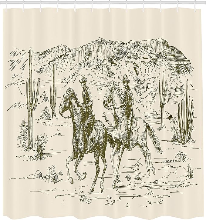 Ambesonne Western Shower Curtain, Country Theme Hand Drawn Illustration of American Wild West Desert with Cowboys, Cloth Fabric Bathroom Decor Set with Hooks, 69" W x 70" L, Cream Khaki
