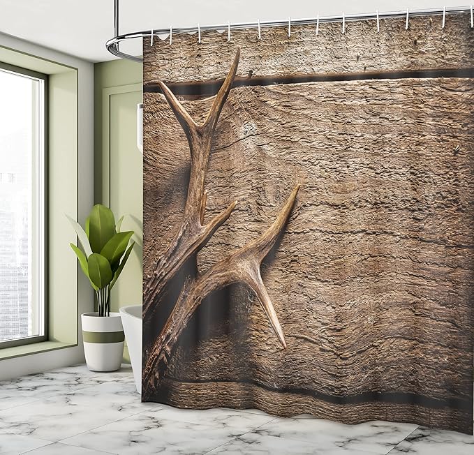 Ambesonne Antlers Shower Curtain, Deer Antlers on Wood Table Rustic Texture Surface Hunting Season Fall Gathering Art, Cloth Fabric Bathroom Decor Set with Hooks, 69" W x 70" L, Umber