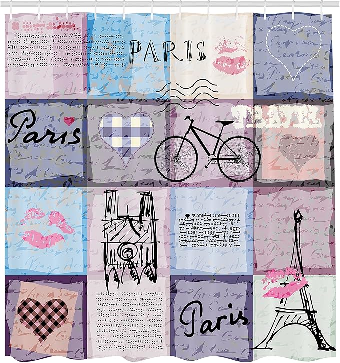 Ambesonne Paris Shower Curtain, Grunge Textured Retro Collage of France Famous Object Eiffel Tower Europe Theme, Cloth Fabric Bathroom Decor Set with Hooks, 69" W x 75" L, Multicolor Lilac