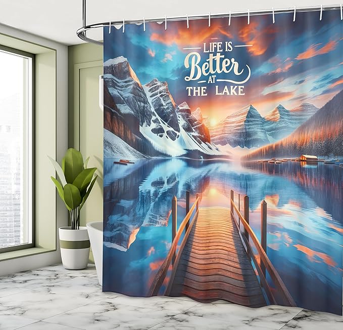 Ambesonne Life is Better at The Lake Shower Curtain, Winter Cabin Scenery Tranquil Mountains Dramatic Clouds, Cloth Fabric Bathroom Decor Set with Hooks, 69" W x 84" L, Orange Azure Blue
