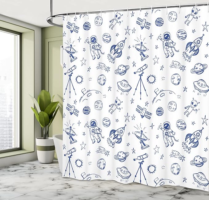 Ambesonne Sketchy Shower Curtain, Original Outer Space Featured Celestial Planetary Solar System Properties Graphic, Cloth Fabric Bathroom Decor Set with Hooks, 69" W x 84" L, White Azure