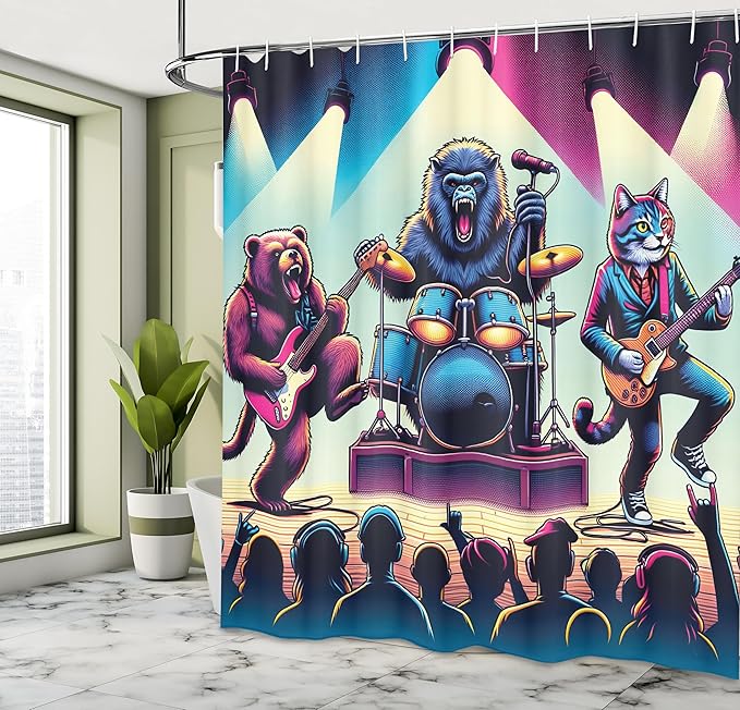 Ambesonne Rocker Animals Shower Curtain, Grizzly Bear Gorilla and Big Wild Cat Band Funny Stage Music Party, Cloth Fabric Bathroom Decor Set with Hooks, 69" W x 70" L, Fuchsia Blue Peach