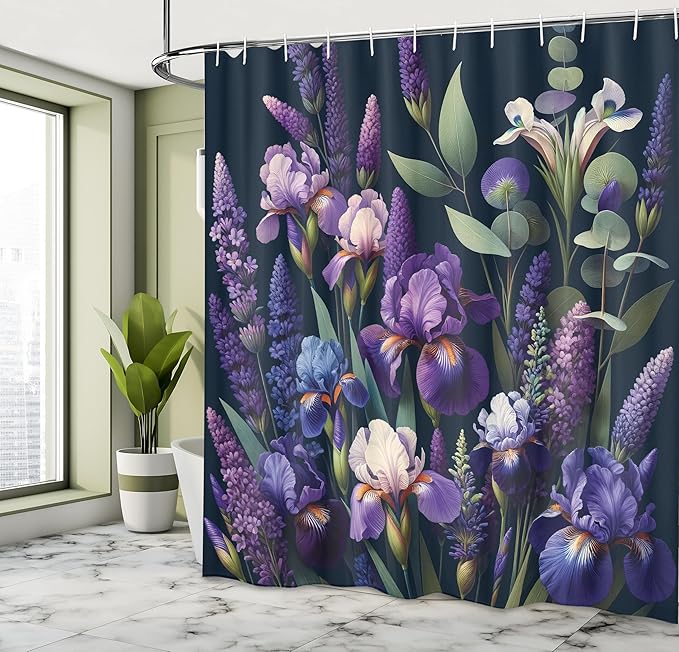 Ambesonne Lavender Shower Curtain, Fantasy Woodland Scenario of Blooming Iris Flowers with Leaves Bohemian, Cloth Fabric Bathroom Decor Set with Hooks, 69" W x 75" L, Violet Reseda Green
