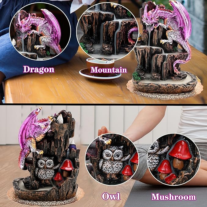 Dragon Backflow 2 Sided Mountain Waterfall Incense Burner,Fountain Smoke Incense Holder with Backflow Incense Cones, Tweezers, Mat，Resin Aromatherapy Meditationvaiuk (Purple)