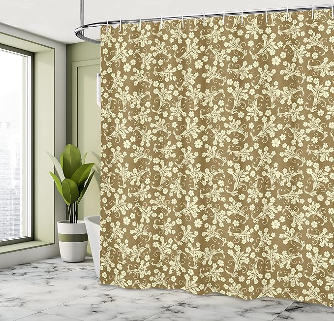 Ambesonne Floral Shower Curtain, Spring Season Inspired Baroque Style Flowers Leaves Art Design, Cloth Fabric Bathroom Decor Set with Hooks, 69" W x 70" L, Brown Caramel