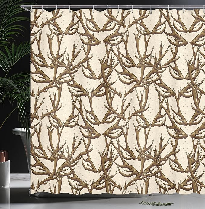 Ambesonne Antlers Shower Curtain, Deer Antlers on Dotted Background Polkadot Vintage Horn Collecting Winter, Cloth Fabric Bathroom Decor Set with Hooks, 69" W x 75" L, Brown Umber