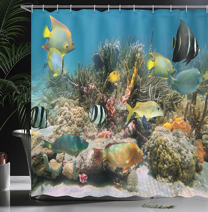 Ambesonne Ocean Shower Curtain, Colorful Coral Colony on Reef Shoal of Tropical Fish Caribbean Sea Picture, Cloth Fabric Bathroom Decor Set with Hooks, 69" W x 70" L, Grey Charcoal