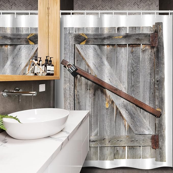 Ambesonne Rustic Stall Shower Curtain, Aged Wood Barn Door with Rusty Crossed Locks Abandoned Western Farmhouse Design, Fabric Bathroom Decor Set with Hooks, 54" W x 78" L, Brown