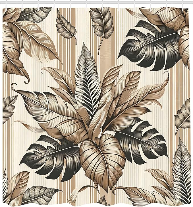 Ambesonne Tan Shower Curtain, Tender Exotic Leaves Huddle with Modern Boho Stripes Nostalgia Earthy Tones, Cloth Fabric Bathroom Decor Set with Hooks, 69" W x 75" L, Dark Slate Blue Cocoa