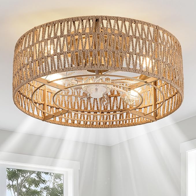 Boho Caged Ceiling Fans with Lights Flush Mount, Hand-Woven Rattan Ceiling Fans with Light and Remote Control, Enclosed Timing 6 Speeds Reversible for Living Room Bedroom Dining Room