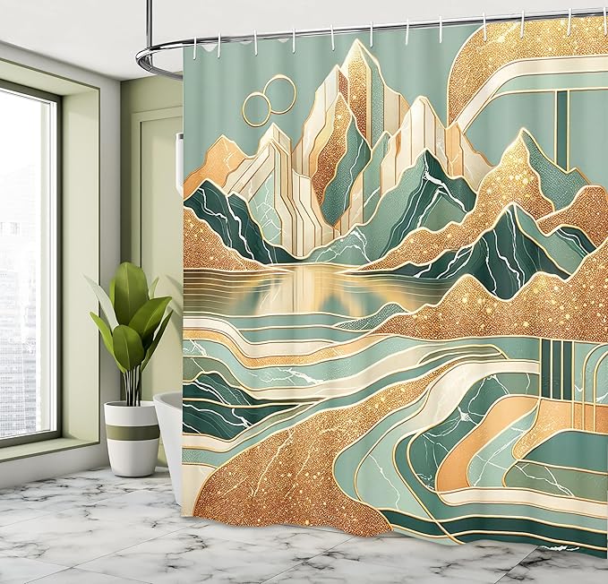 Ambesonne Mid Century Modern Boho Shower Curtain, Landscape Inspired Cloudy Mountains Geometric Shape, Cloth Fabric Bathroom Decor Set with Hooks, 69" W x 75" L, Amber Teal Burnt Orange