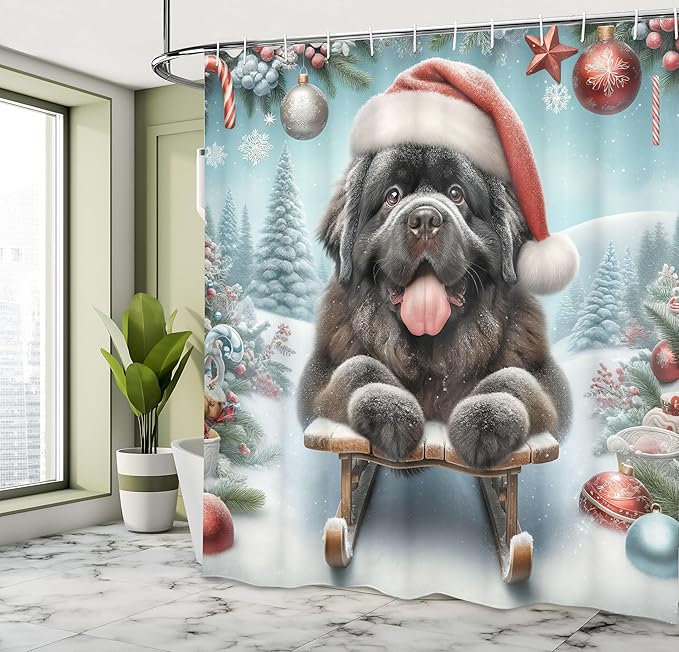 Ambesonne Christmas Shower Curtain, Happy Newfoundland Dog with a Santa Hat Sledding on a Snowy Hill, Cloth Fabric Bathroom Decor Set with Hooks, 69" W x 75" L, Dark Grey and Pale Blue