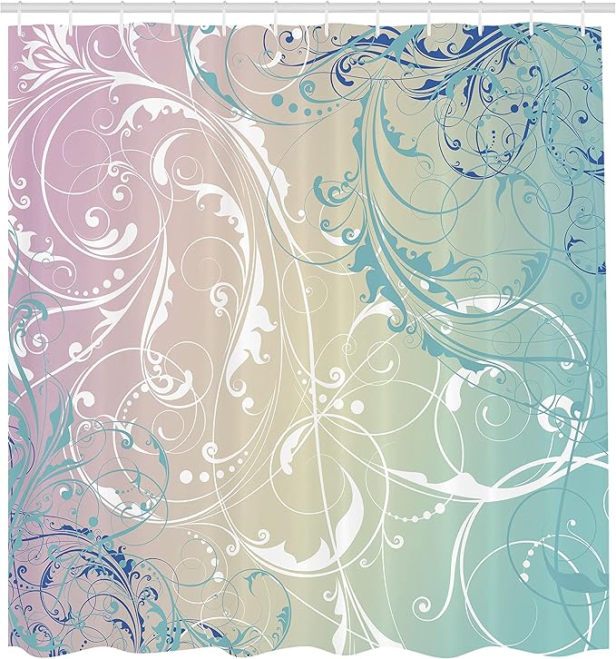 Ambesonne Floral Shower Curtain, Baroque Swirl Branches Curved Flower Leaves Shabby Form Nature Pattern, Cloth Fabric Bathroom Decor Set with Hooks, 69" W x 84" L, Seafoam White
