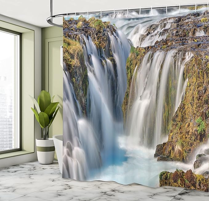 Ambesonne Waterfall Shower Curtain, Bruarfoss Falls in Iceland River Landscape and Wild Nature Image Panoramic Scenery Concept Shot, Cloth Fabric Bathroom Set with Hooks, 69" W x 75" L, Green White