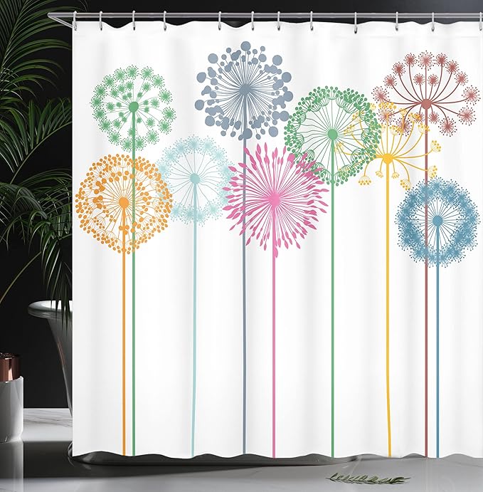 Ambesonne Floral Shower Curtain, Flower Inspired Artwork Colorful Dandelions on White Background Illustration Print, Cloth Fabric Bathroom Decor Set with Hooks, 69" W x 70" L, Fern Green