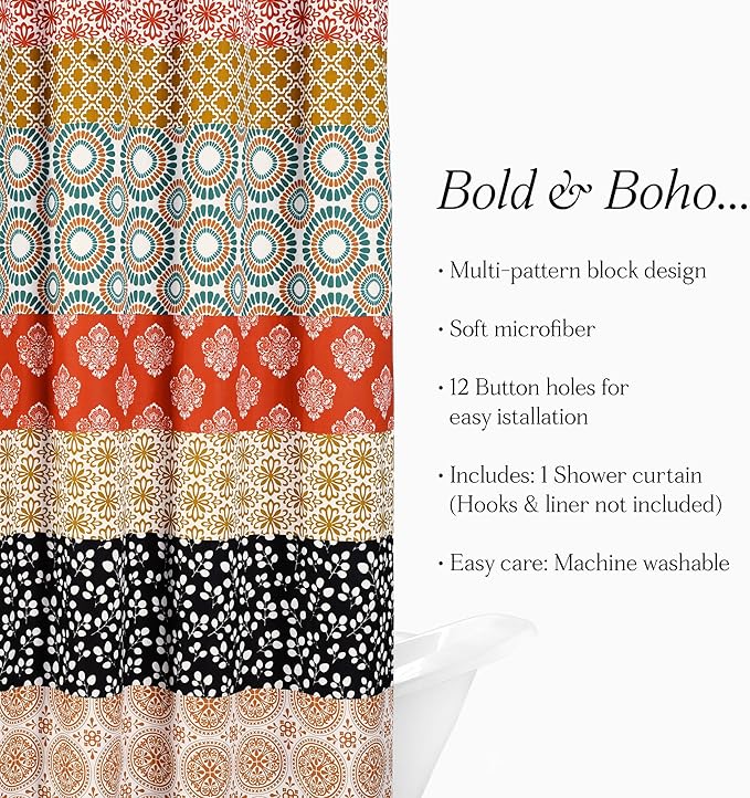 Lush Decor Bohemian Stripe Shower Curtain 72" W x 84" L Turquoise & Orange - Bathroom Curtain - Extra Long Shower Curtain - Boho Decor - Striped Shower Curtains