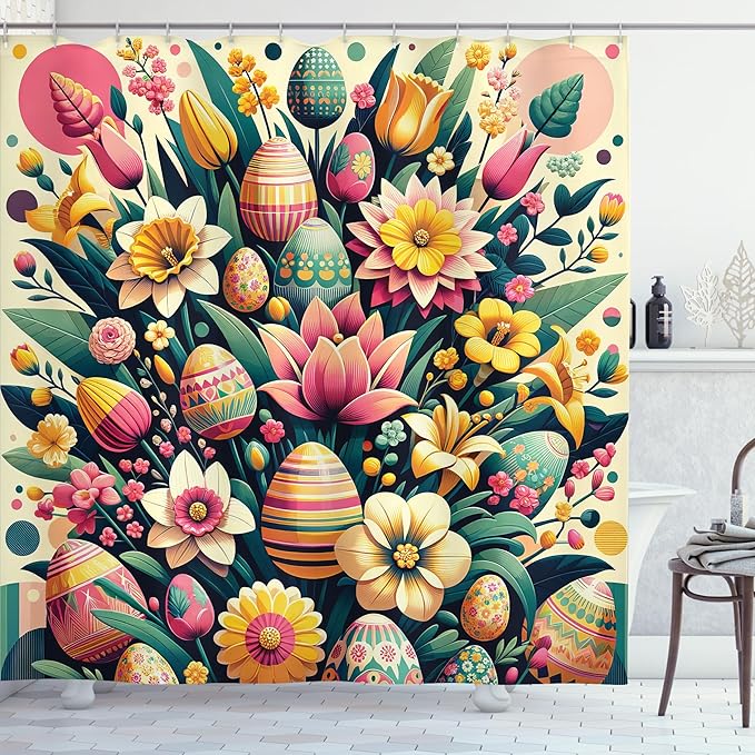 Ambesonne Spring Shower Curtain, Vintage Whimsical Ethnic Eggs Eastern and Flowers on Creamy Background, Cloth Fabric Bathroom Decor Set with Hooks, 69" W x 70" L, Jade Green Cream Pink