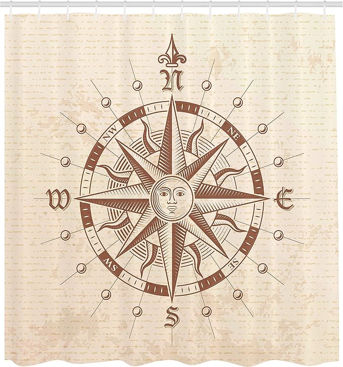 Ambesonne Compass Shower Curtain, Old Compass Rose a Sun Face Lady on It Instrument Distances Between Points Graphic, Cloth Fabric Bathroom Decor Set with Hooks, 69" W x 70" L, Tan Brown