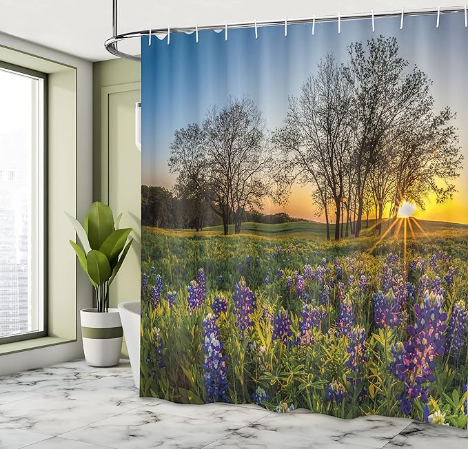 Ambesonne Nature Shower Curtain, Country Scenery with Lavender Meadow at Sunset Spring Beauty Foliage Eco Picture, Cloth Fabric Bathroom Decor Set with Hooks, 69" W x 75" L, Lavender Green
