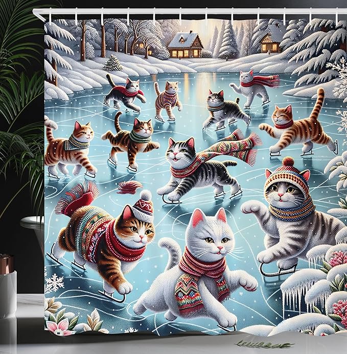 Ambesonne Cat Shower Curtain, Cozy Winter Woodland Scene with Cottages and Ice Skating Kitties Snow Fun, Cloth Fabric Bathroom Decor Set with Hooks, 69" W x 75" L, Soft Blue Burnt Orange