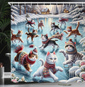 Ambesonne Cat Shower Curtain, Cozy Winter Woodland Scene with Cottages and Ice Skating Kitties Snow Fun, Cloth Fabric Bathroom Decor Set with Hooks, 69" W x 75" L, Soft Blue Burnt Orange