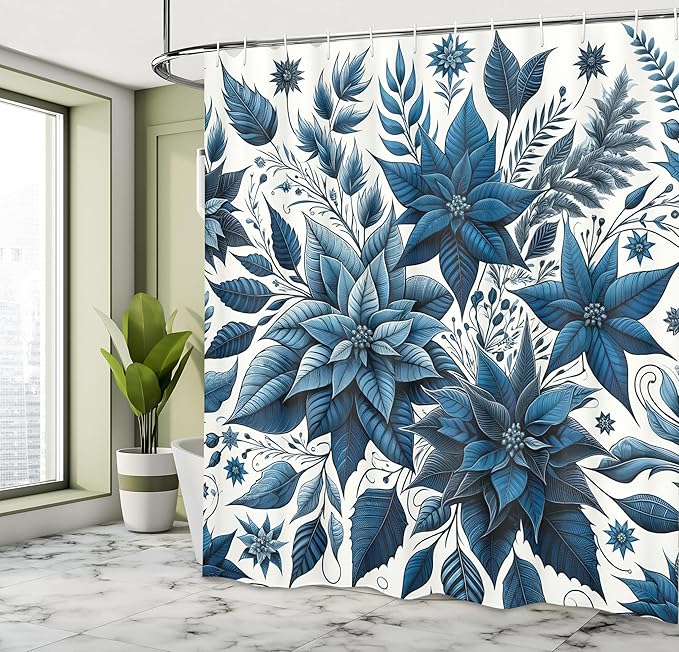 Ambesonne Christmas Shower Curtain, Monochromatic Poinsettia Flowers Xmas Theme Illustration Print, Cloth Fabric Bathroom Decor Set with Hooks, 69" W x 70" L, Night Blue and Dark Sky Blue