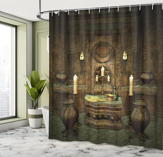 Ambesonne Gothic Shower Curtain, Room with Altar in Fantasy Style Spells Pentagram and Candles Print Illustration, Cloth Fabric Bathroom Decor Set with Hooks, 69" W x 84" L, Brown and Black