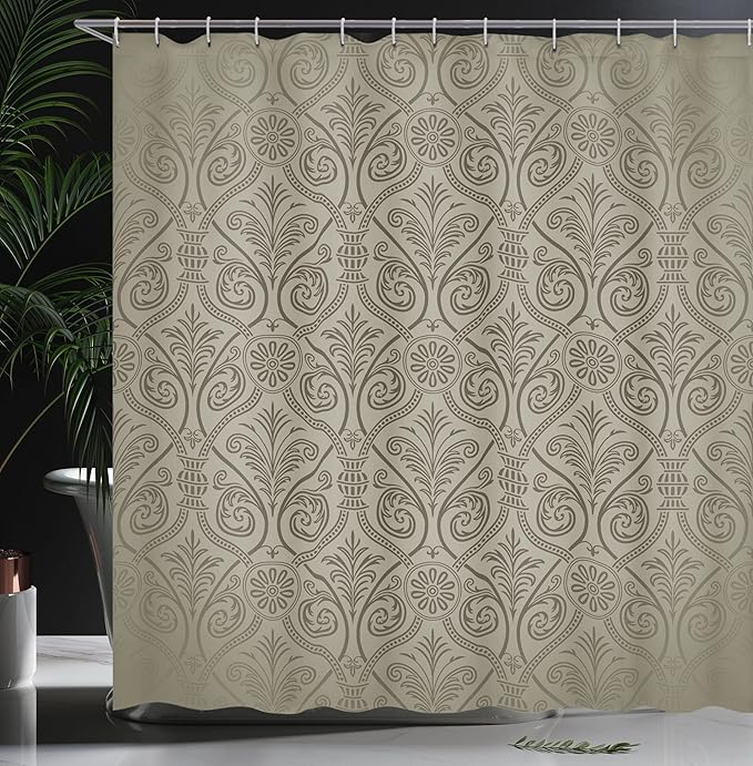 Ambesonne Damask Shower Curtain, Antique Baroque Pattern Mild Gothic Victorian Style Repeated Curly Motifs, Cloth Fabric Bathroom Decor Set with Hooks, 69" W x 70" L, Dusk Umber