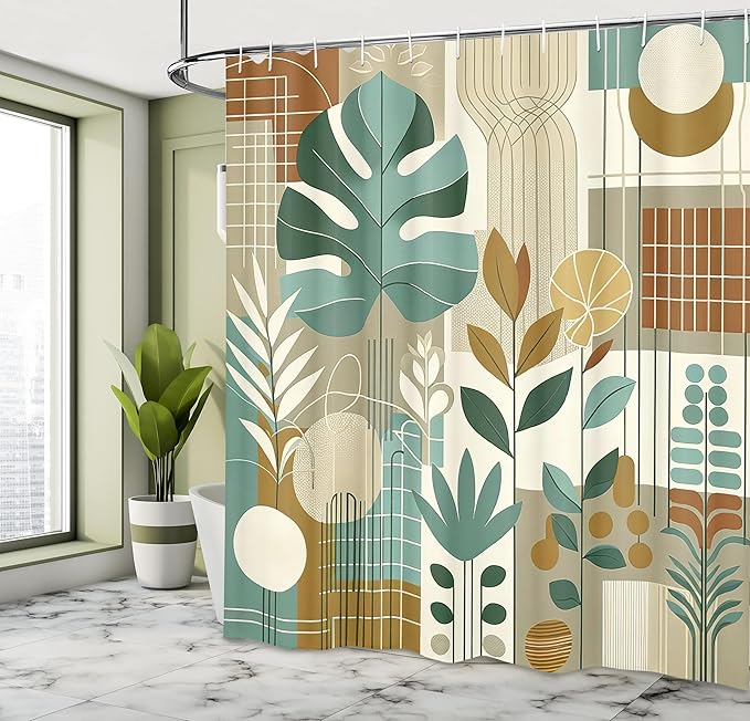 Ambesonne Mid Century Modern Shower Curtain, Abstract Retro Monstera and Palm Leaves Lines and Circles, Cloth Fabric Bathroom Decor Set with Hooks, 69" W x 84" L, Dark Khaki Beige Green
