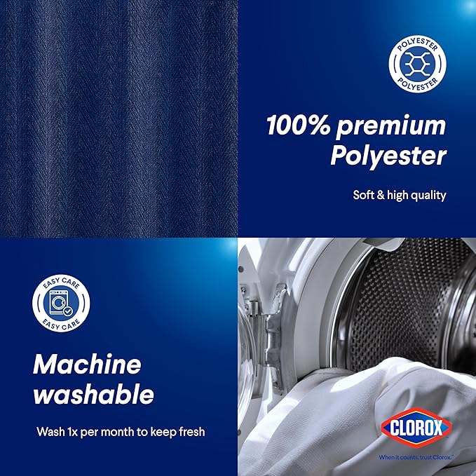 Clorox 2-in-1 Bathroom Shower Curtain Liner, Durable Fabric, Weighted Magnets for Bath Water Control, Washable Premium Quality, Modern - 72" x 72" Blue