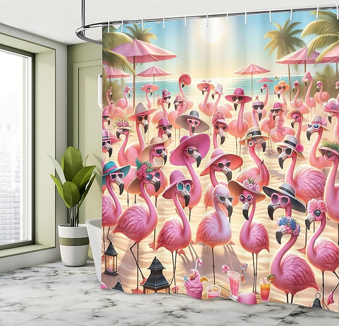 Ambesonne Flamingo Shower Curtain, Summer Beach with Tropical Birds with Sunny Hats and Sunglasses, Cloth Fabric Bathroom Decor Set with Hooks, 69" W x 75" L, Pink Beige and Pale Sky Blue
