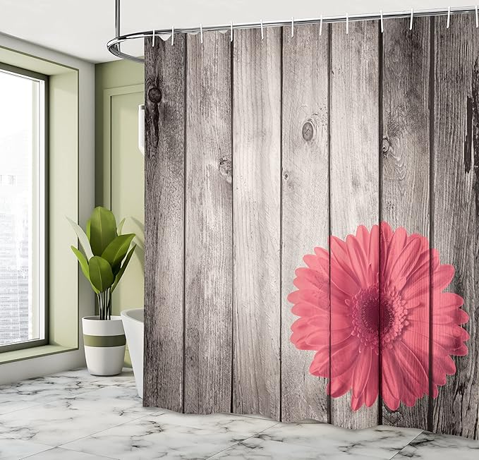 Ambesonne Rustic Shower Curtain, Flower Red Dahlia on Foreground of Murky Featured Dated Wooden Board Retro Art Print, Cloth Fabric Bathroom Decor Set with Hooks, 69" W x 70" L, Dark Coral